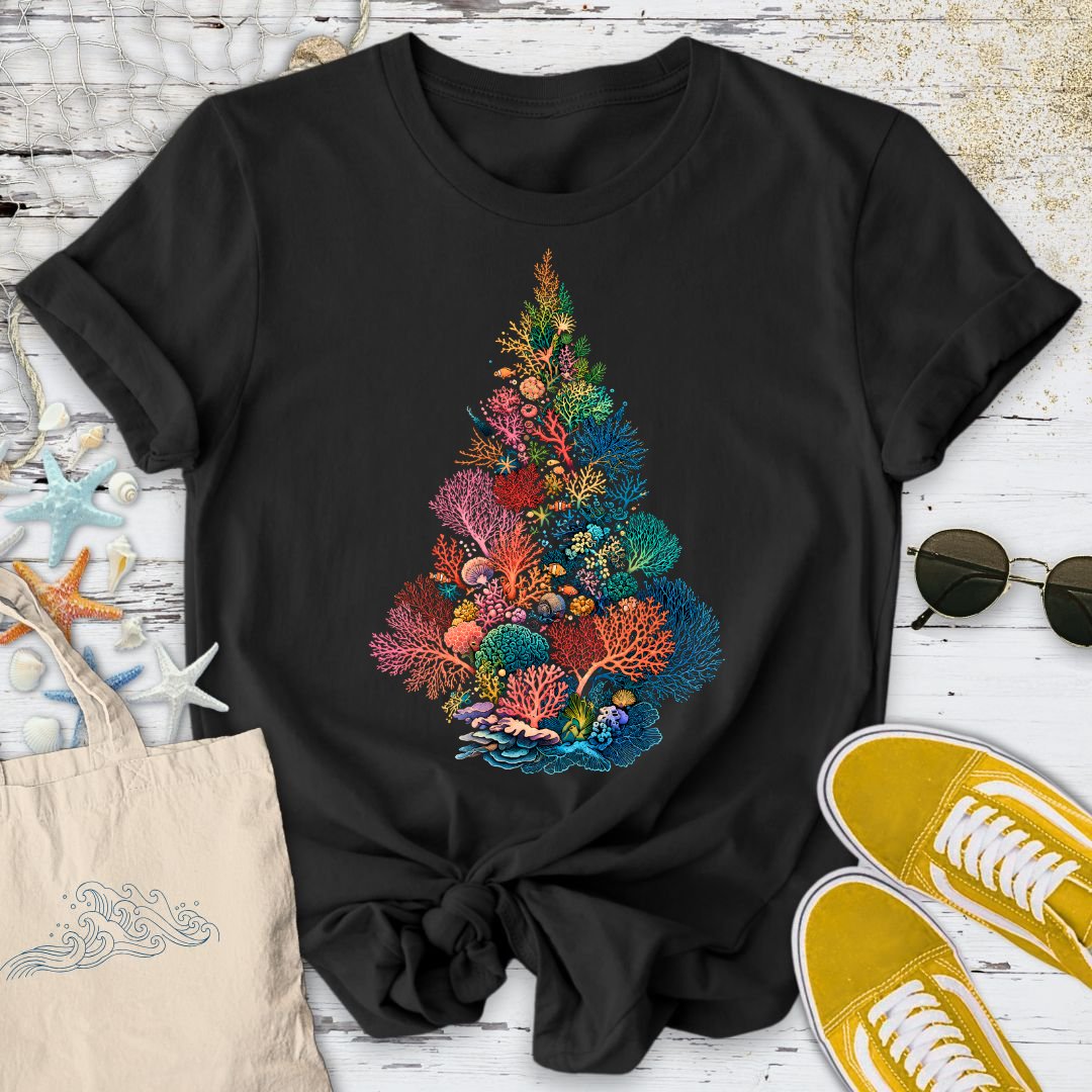 Coral Christmas Tree T-Shirt in Black - Dolce Reverie