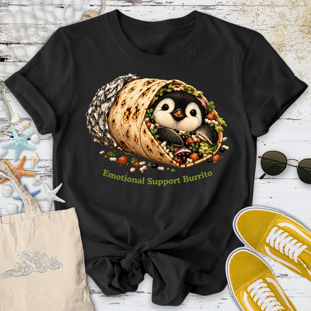 Emotional Support Burrito, Penguin T-Shirt in Black - Dolce Reverie