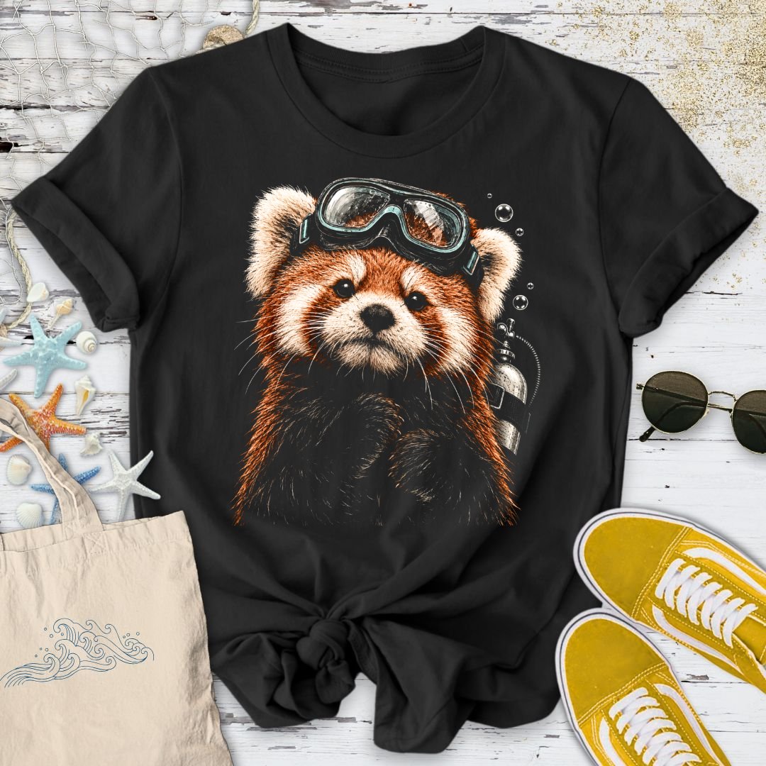 Scuba Diver Red Panda T-Shirt in Black - Dolce Reverie