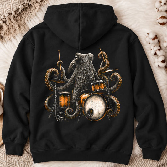 Wild Octopus Drummer Back Print Hoodie in Black - Dolce Reverie