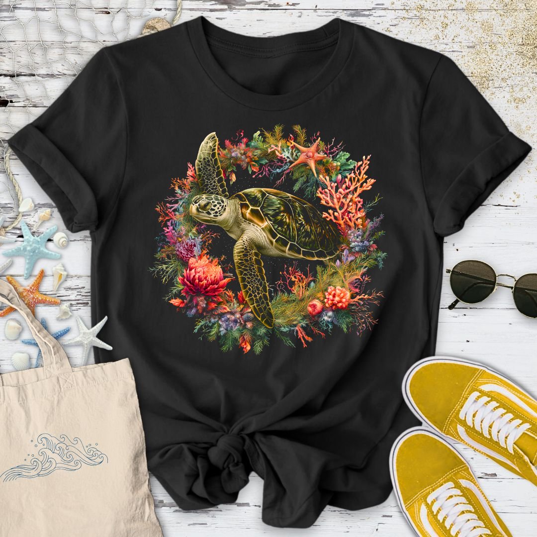 Coral Wreath Turtle T-Shirt in Black - Dolce Reverie