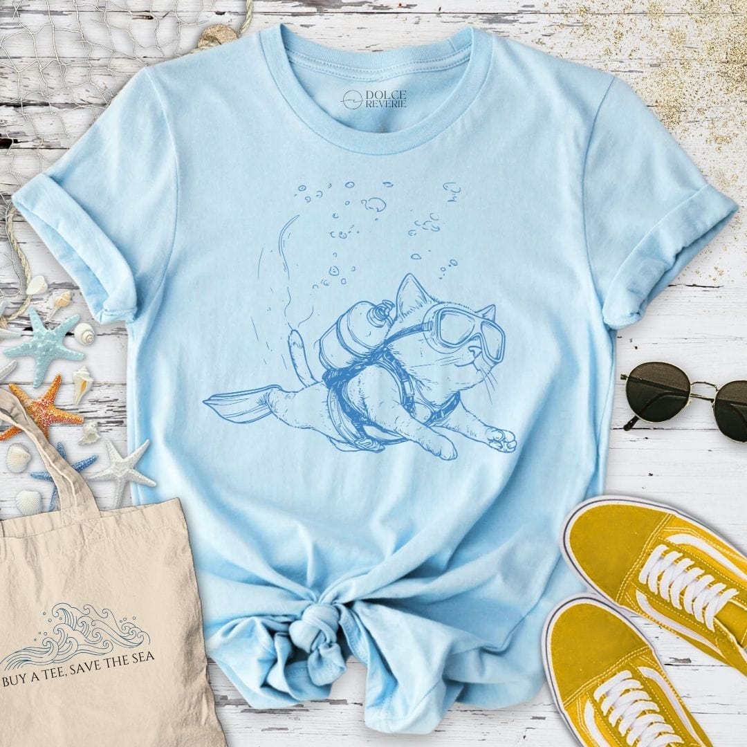 Cat Diver T-Shirt Light Blue / S