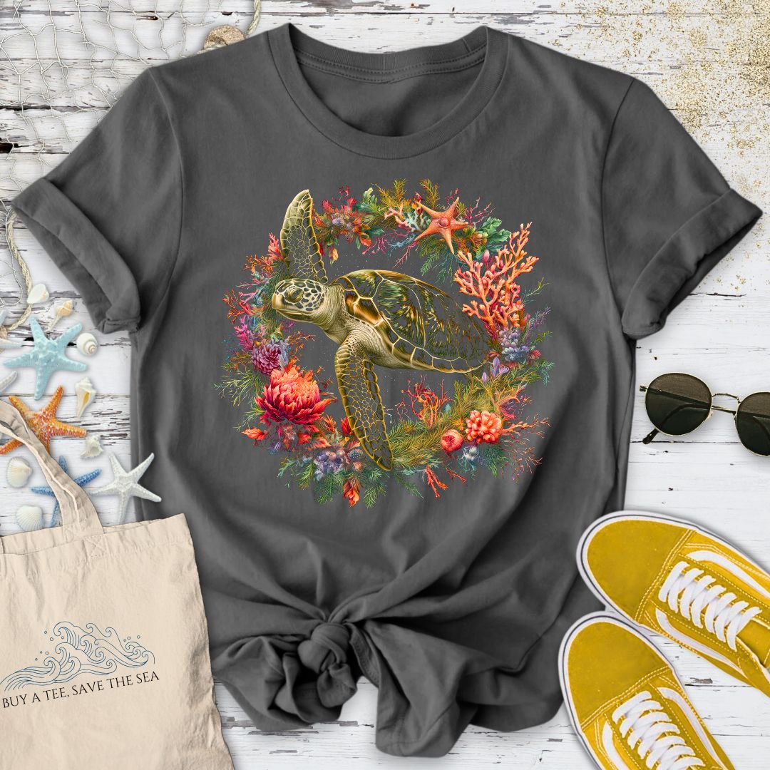 Coral Wreath Turtle T-Shirt in Charcoal - Dolce Reverie