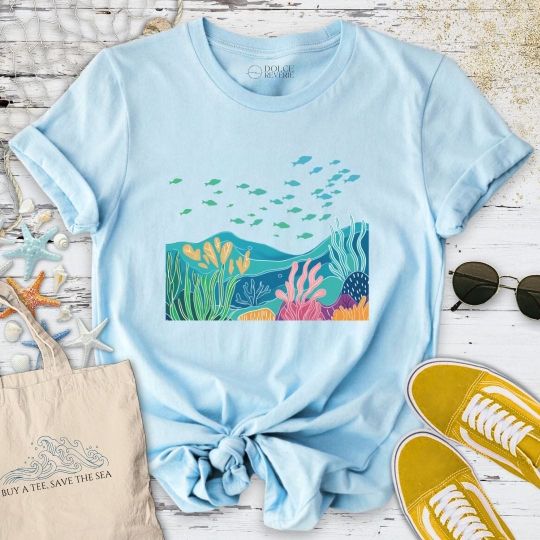 Coral Reef Colorful Line Art T-Shirt Light Blue / S