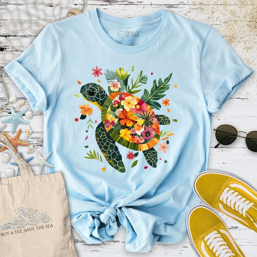 Floral Turtle T-Shirt Light Blue / S
