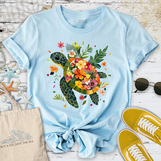 Floral Turtle T-Shirt Light Blue / S