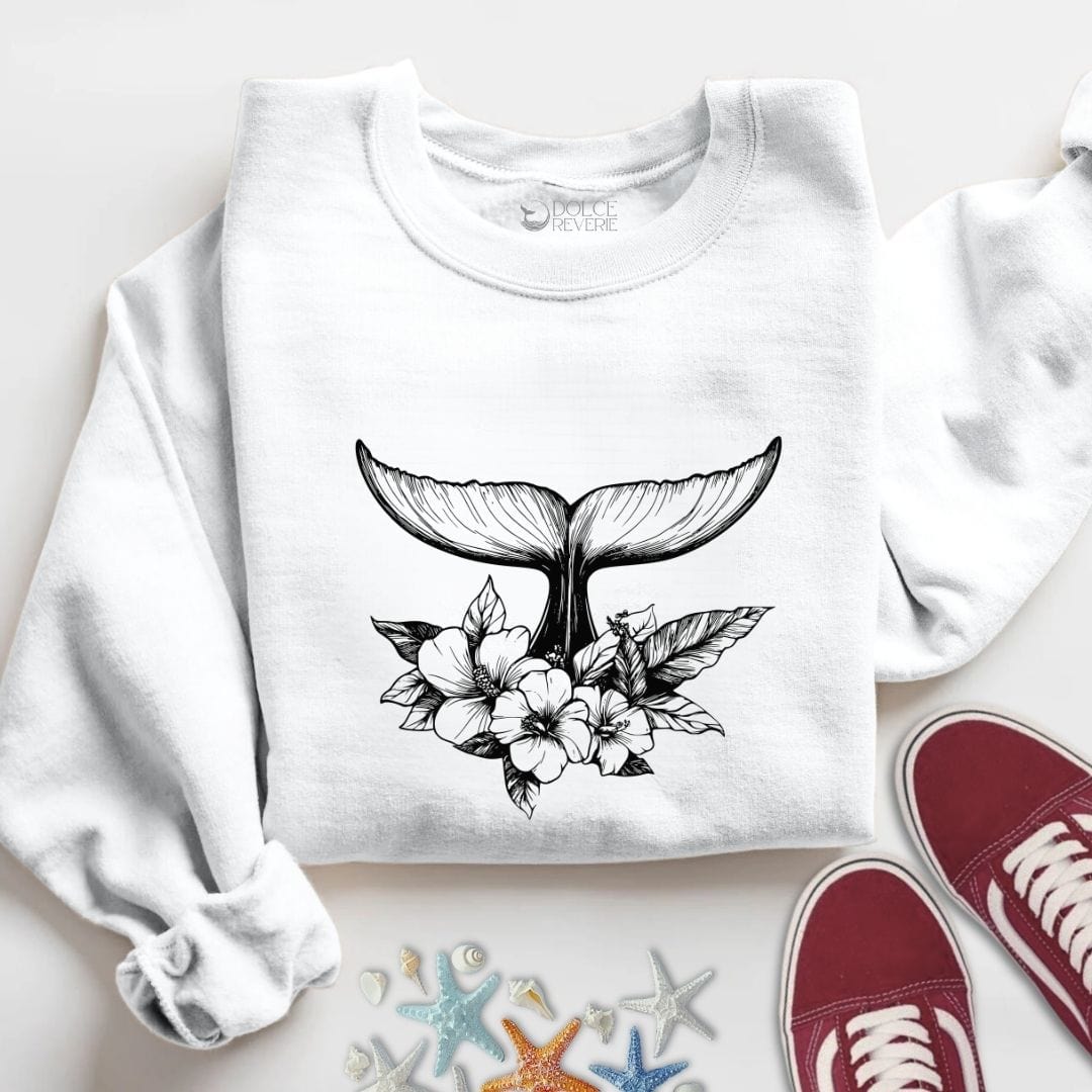 Floral Whale Tail Sweatshirt S / White