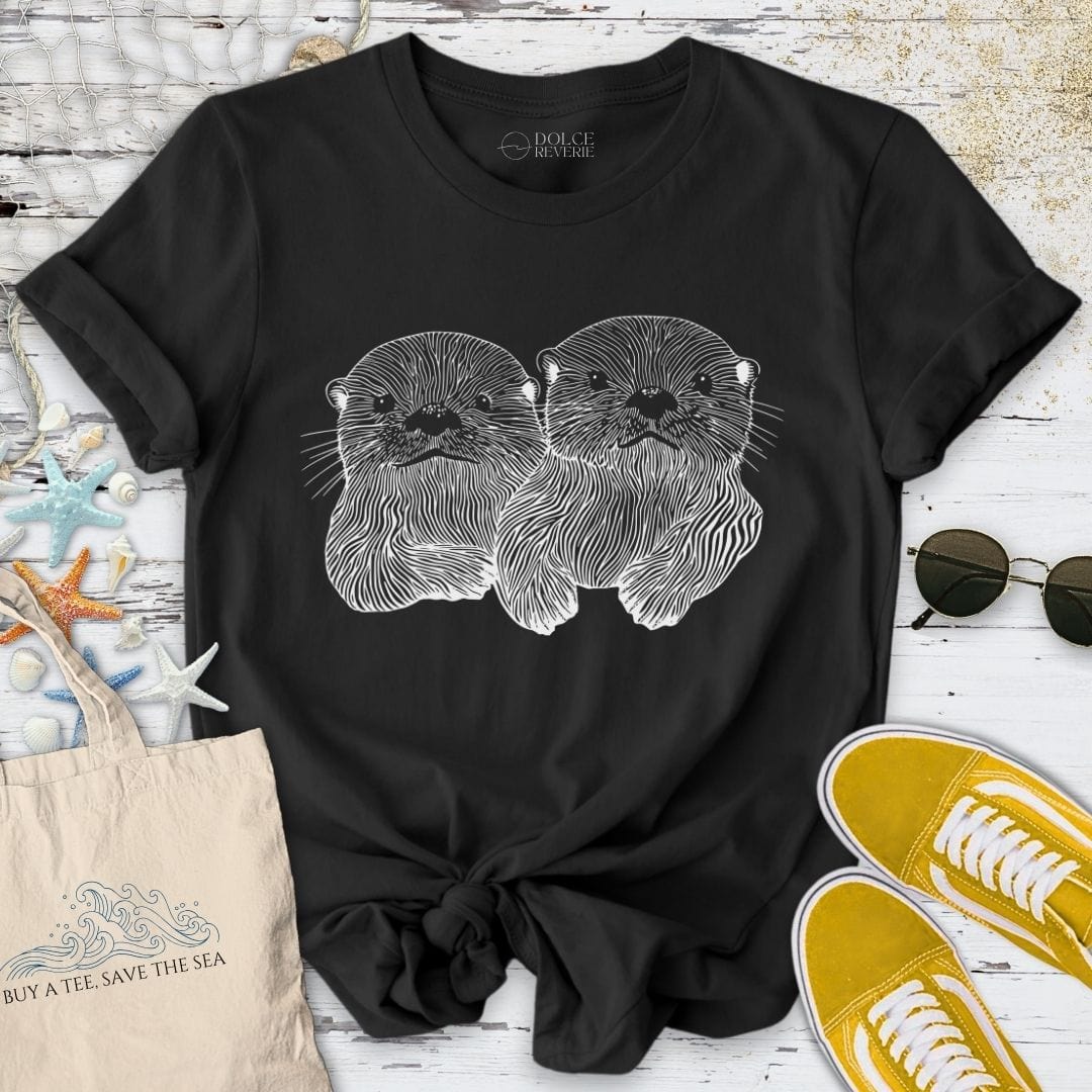 Happy Otters Line Art T-Shirt Black / S