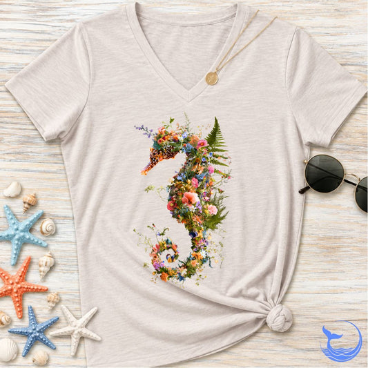Floral Seahorse Women's V-Neck T-Shirt