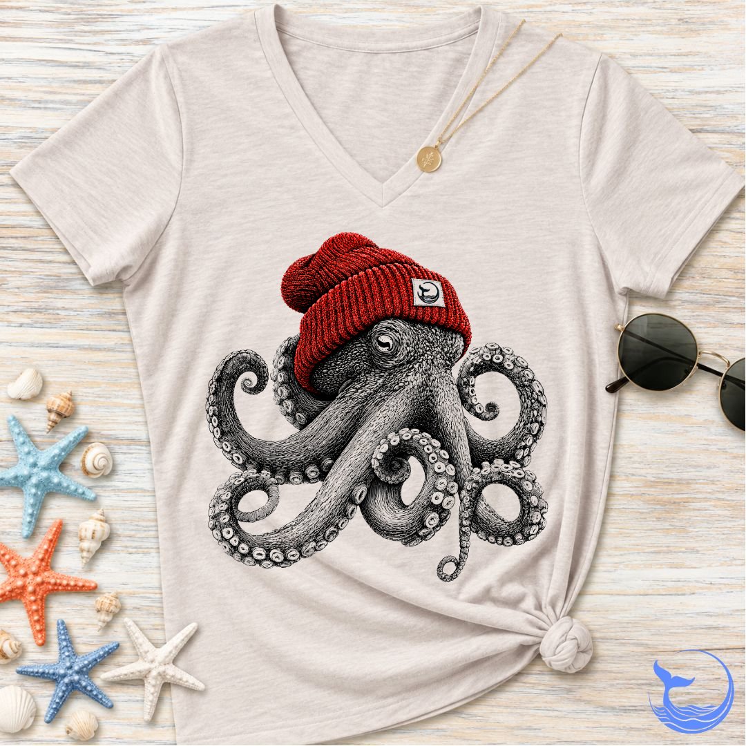Red Beanie Octopus Women's V-Neck T-Shirt