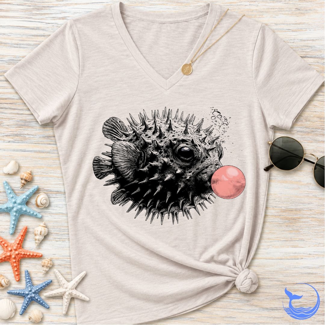 Bubblegum Pufferfish Women's V-Neck T-Shirt
