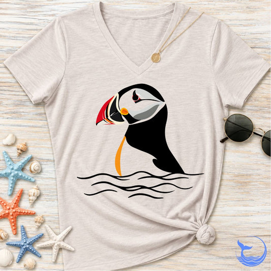 Retro Puffin Women's V-Neck T-Shirt