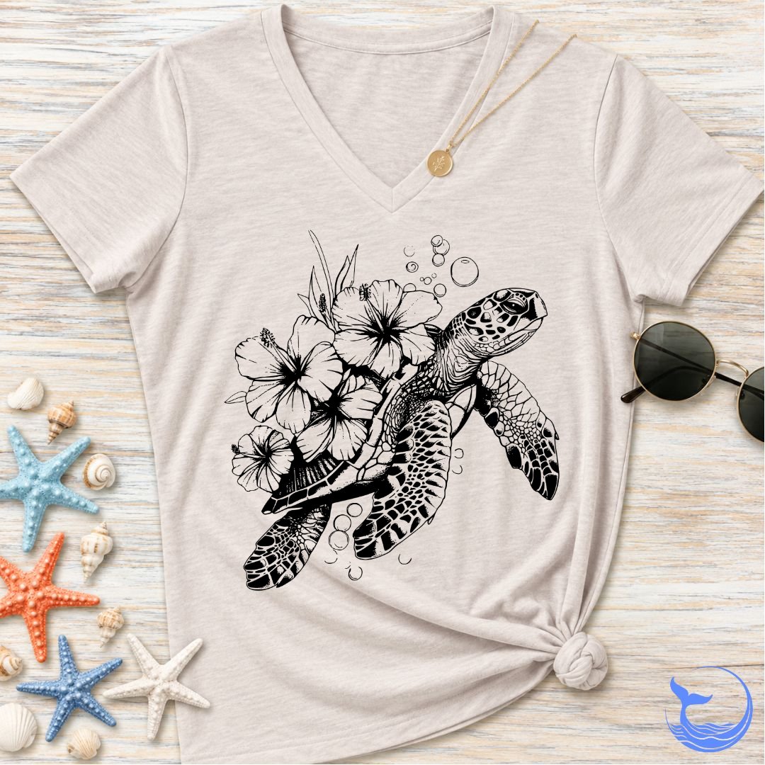 Turtle & Flowers Women's V-Neck T-Shirt
