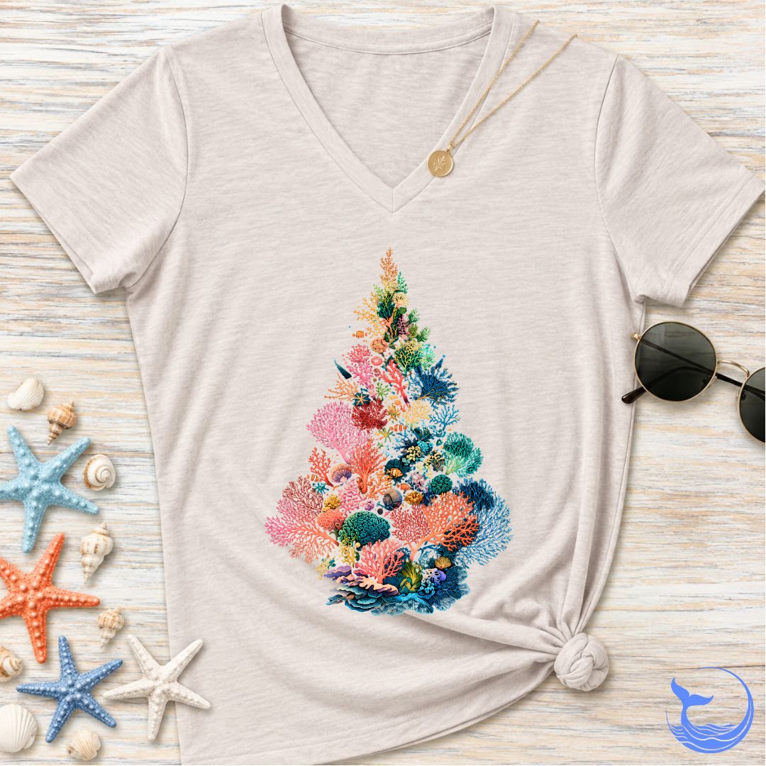 Coral Christmas Tree Women's V-Neck T-Shirt