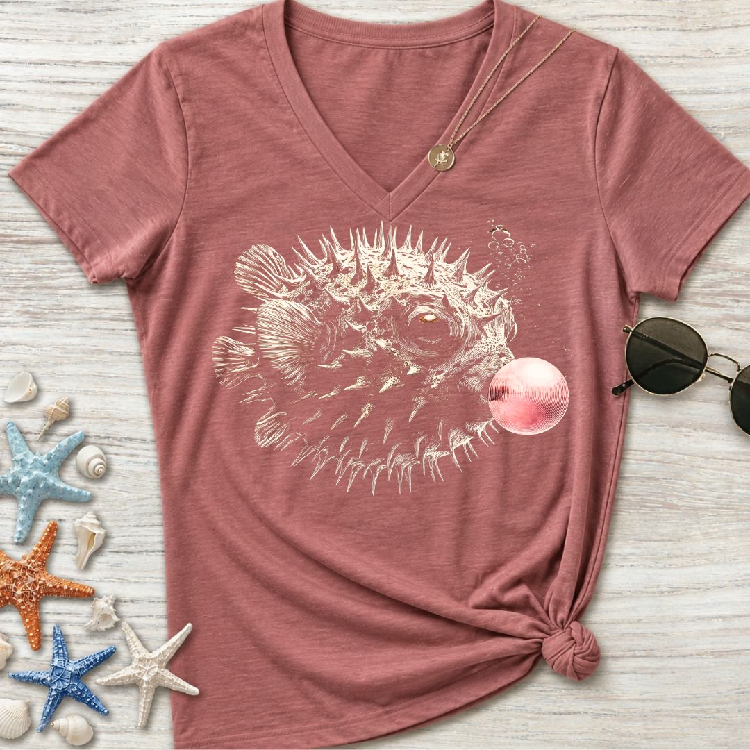 Bubblegum Pufferfish Women's V-Neck T-Shirt