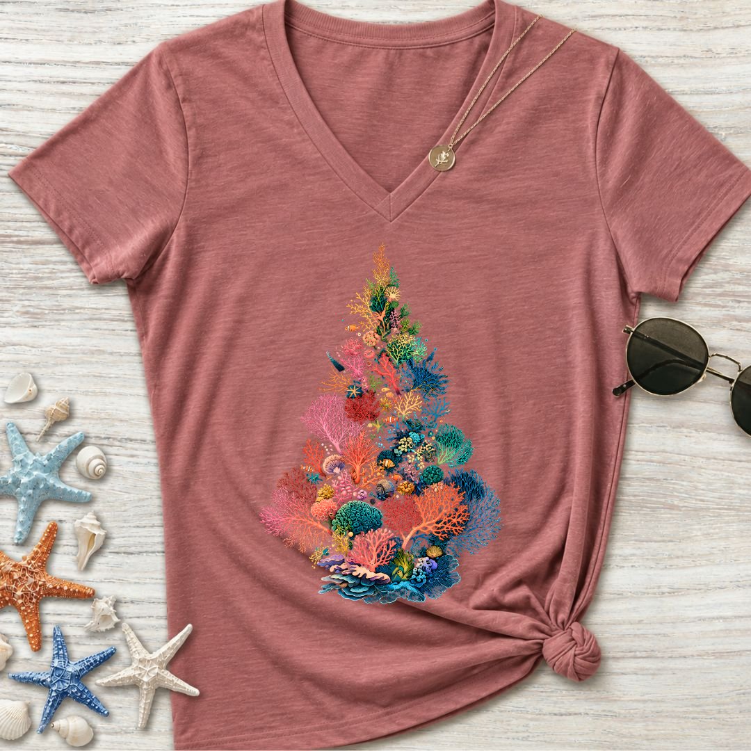 Coral Christmas Tree Women's V-Neck T-Shirt