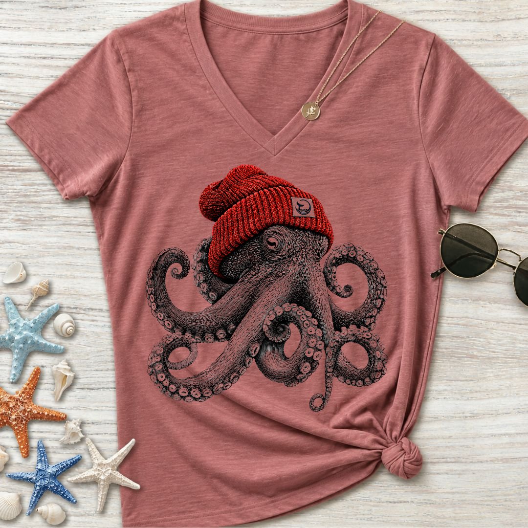Red Beanie Octopus Women's V-Neck T-Shirt