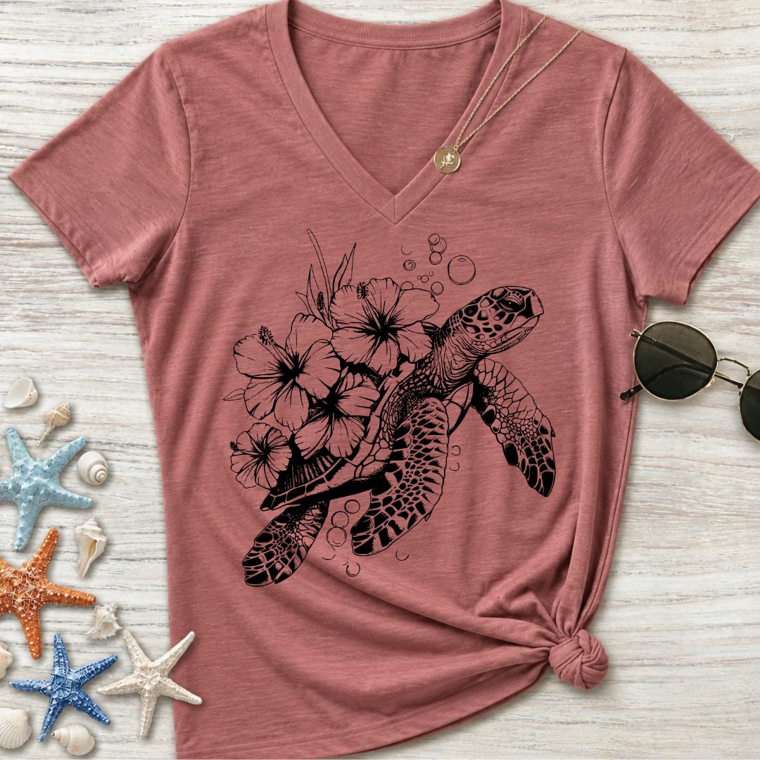 Turtle & Flowers Women's V-Neck T-Shirt