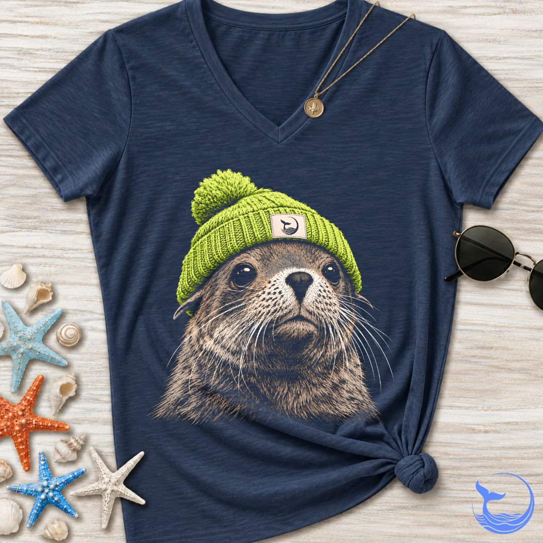 Green Beanie Seal Women's V-Neck T-Shirt