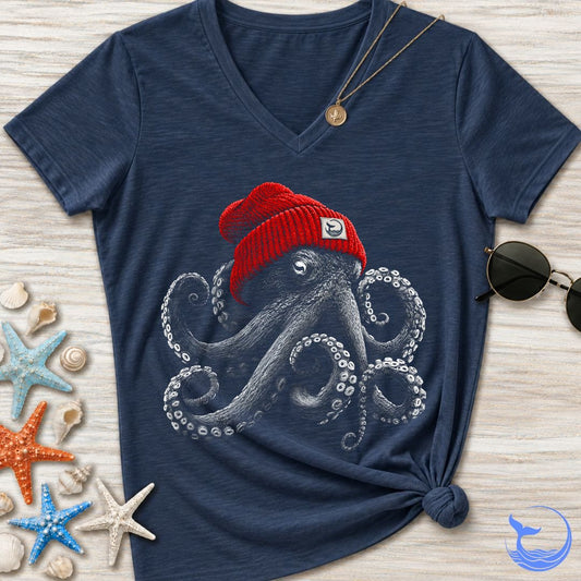 Red Beanie Octopus Women's V-Neck T-Shirt