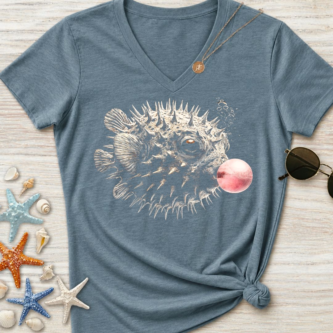 Bubblegum Pufferfish Women's V-Neck T-Shirt