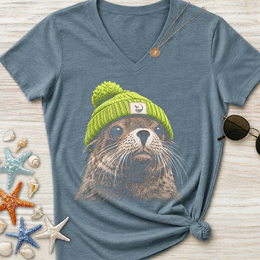 Green Beanie Seal Women's V-Neck T-Shirt