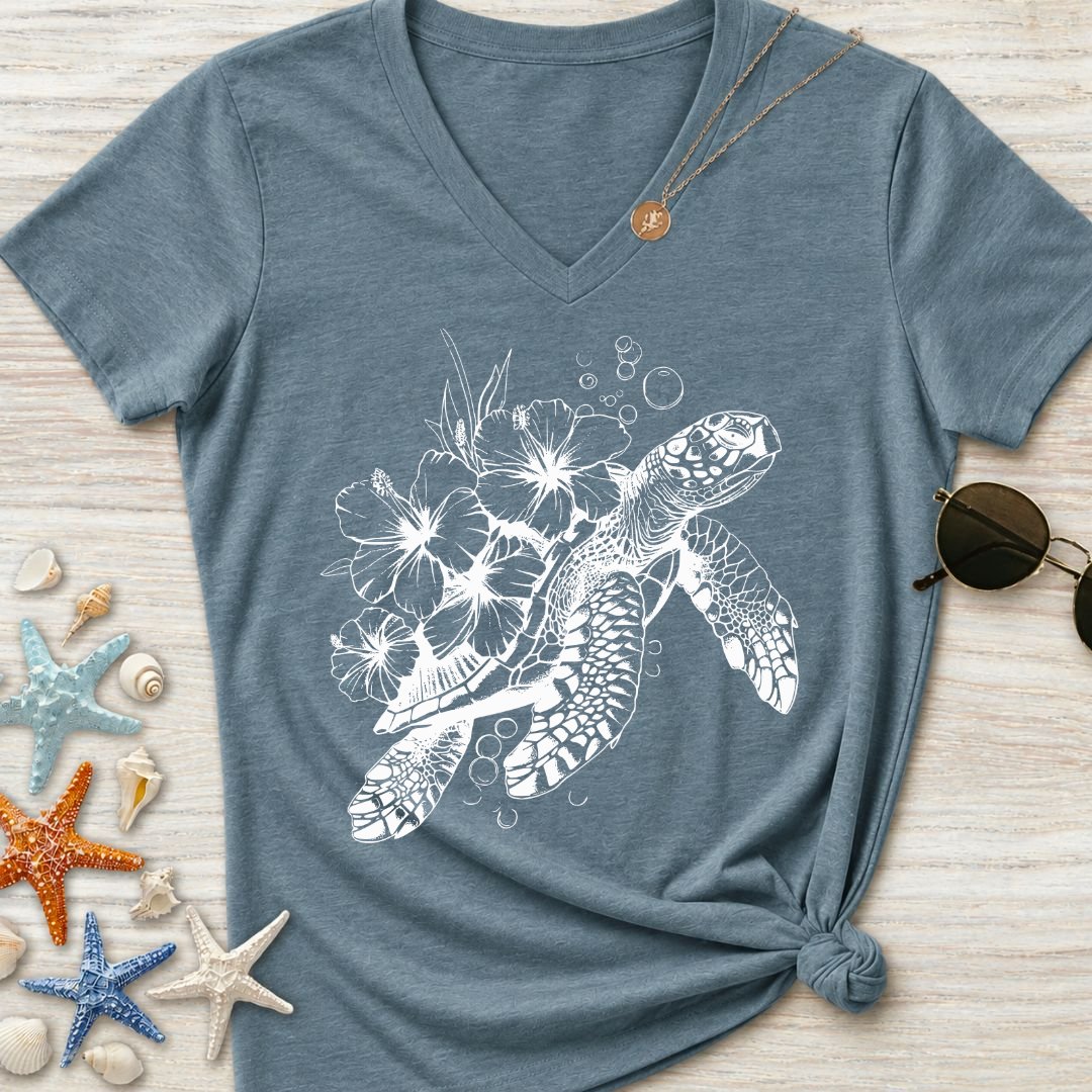 Turtle & Flowers Women's V-Neck T-Shirt
