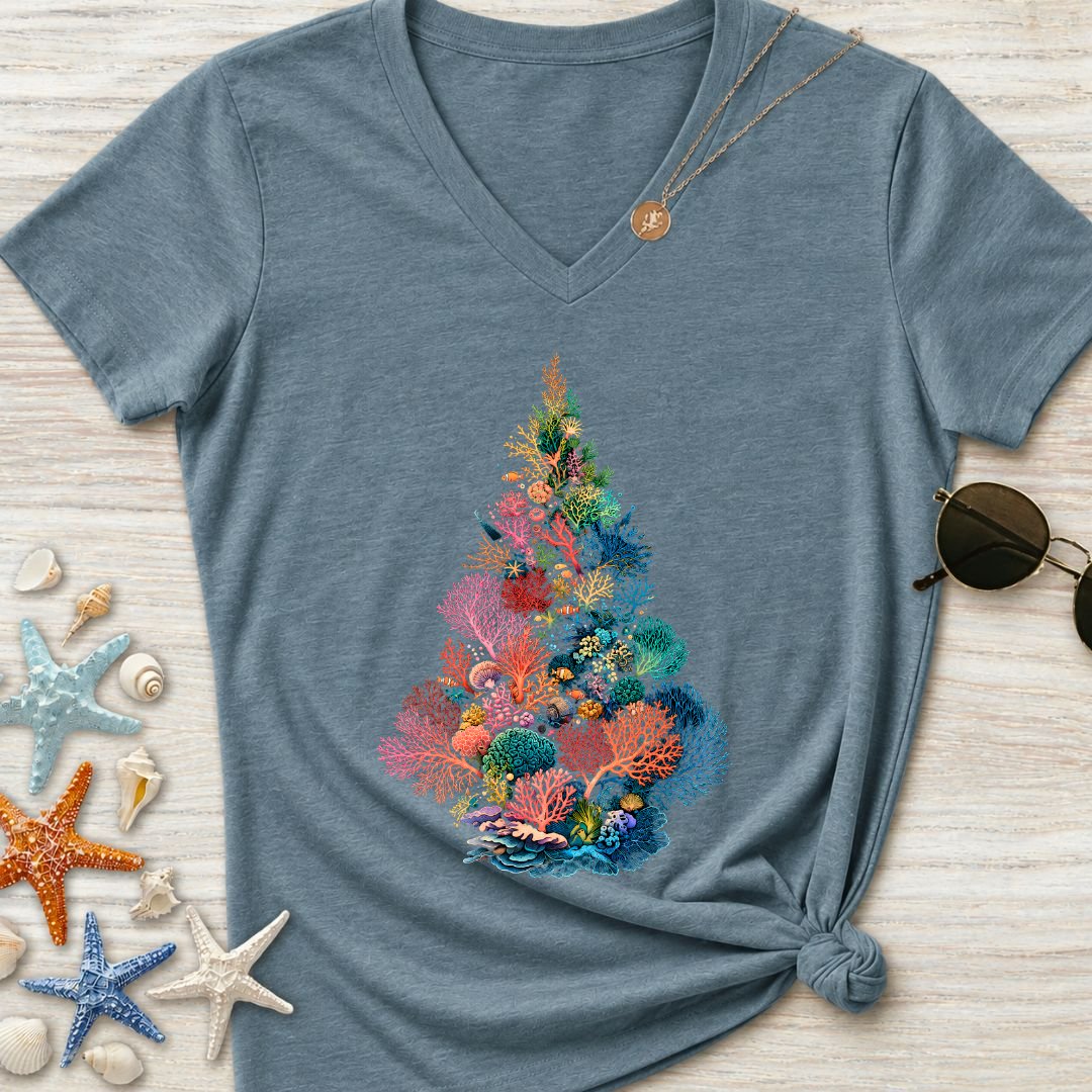 Coral Christmas Tree Women's V-Neck T-Shirt