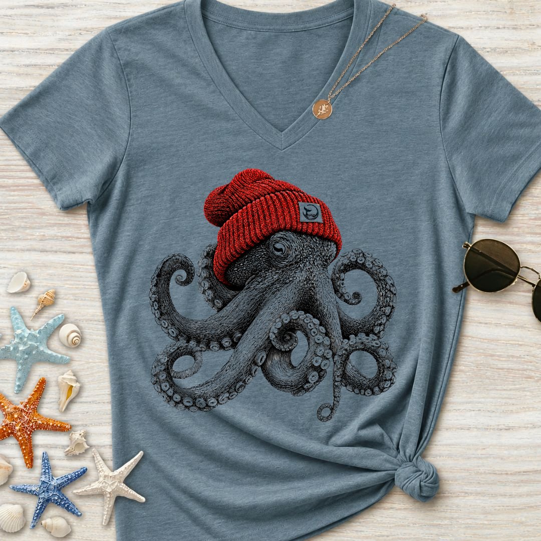 Red Beanie Octopus Women's V-Neck T-Shirt