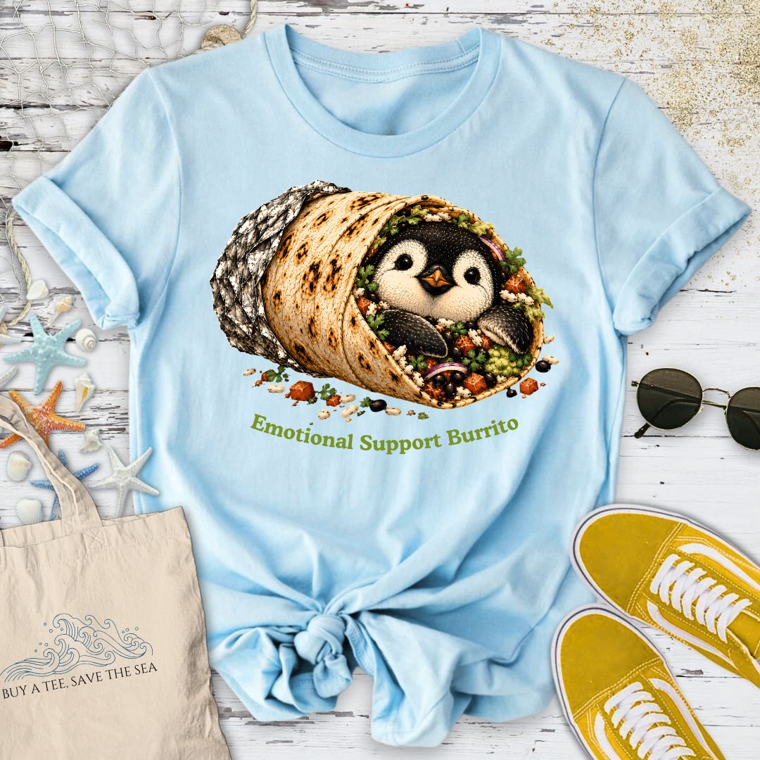Emotional Support Burrito, Penguin T-Shirt in Light Blue - Dolce Reverie