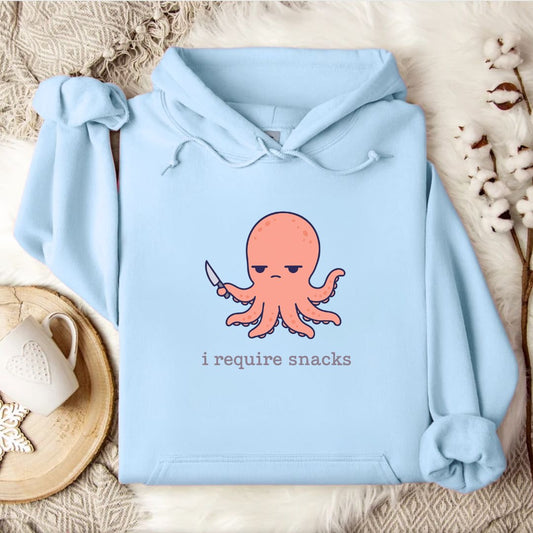 I Require Snacks Octopus Hoodie in Light Blue - Dolce Reverie