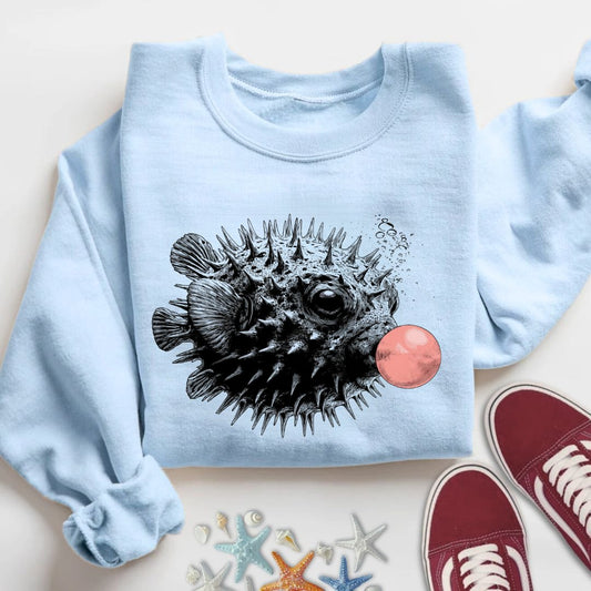 Bubblegum Pufferfish Sweatshirt in Light Blue - Dolce Reverie