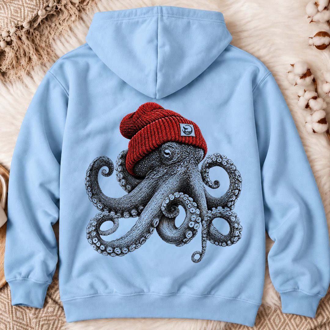 Red Beanie Octopus Back Print Hoodie