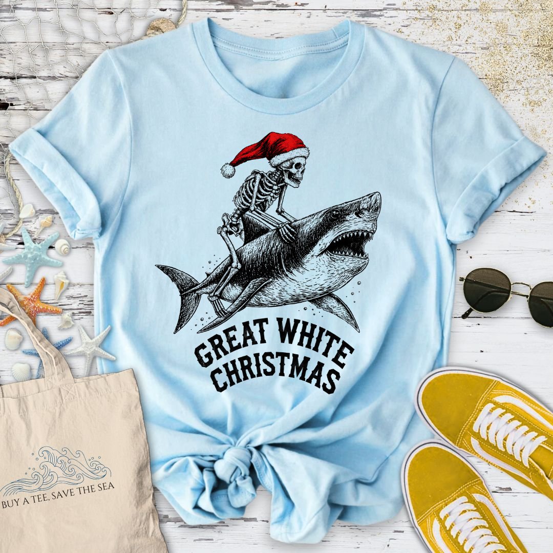 Skeleton Santa Shark T-Shirt in Light Blue - Dolce Reverie