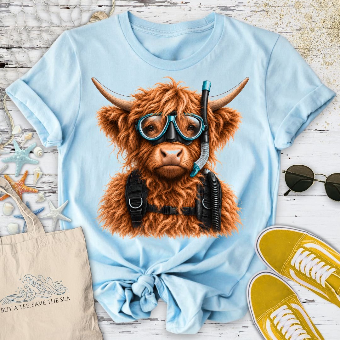 Scuba Diver Highland Cow T-Shirt in Light Blue - Dolce Reverie