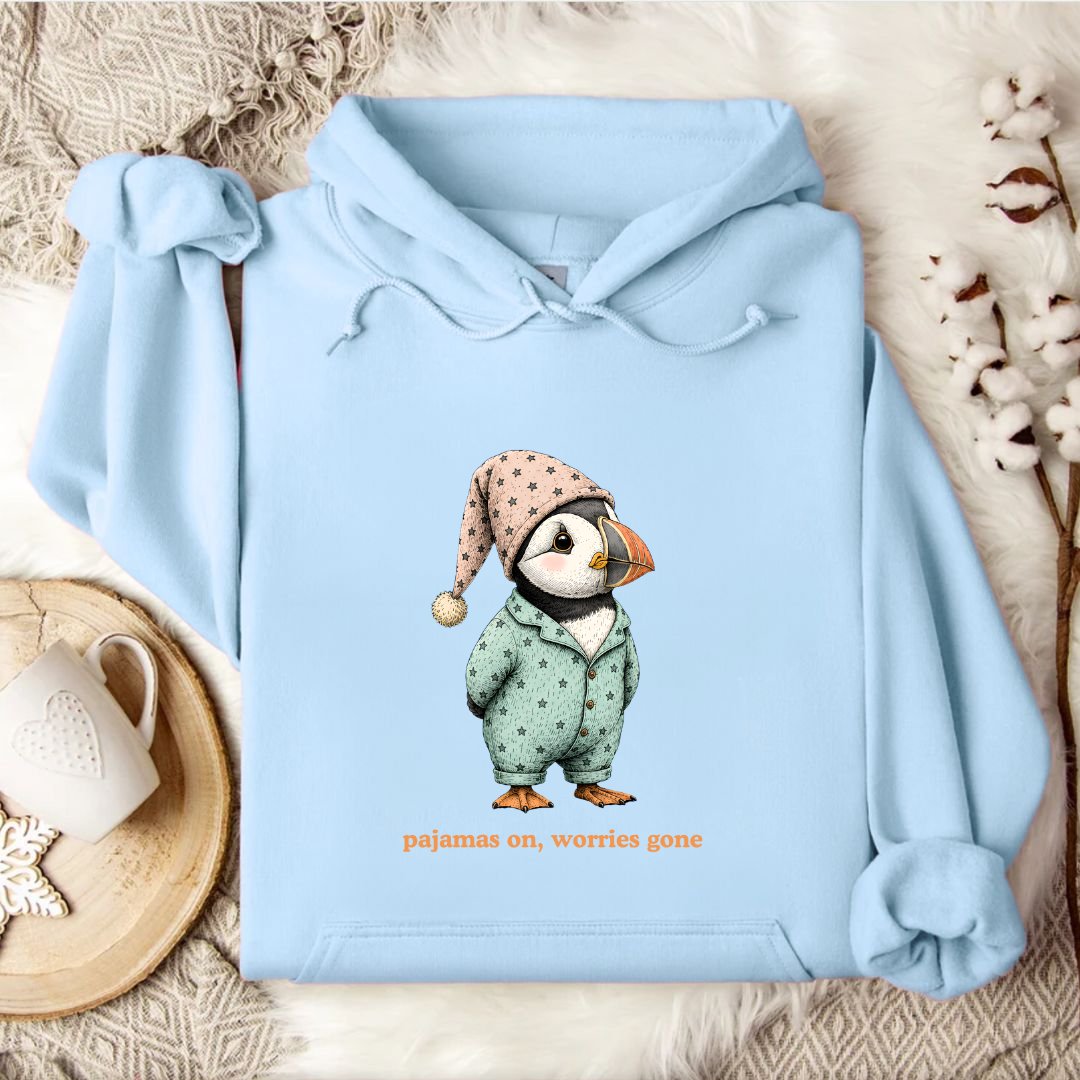 Pajamas On Worries Gone, Puffin Hoodie