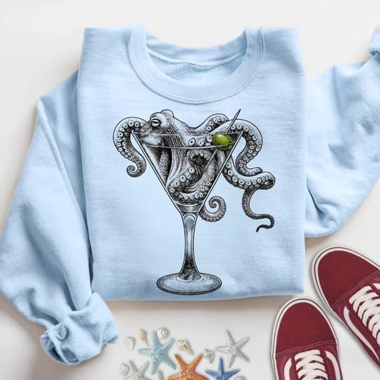 Octopus Martini Sweatshirt in Light Blue - Dolce Reverie