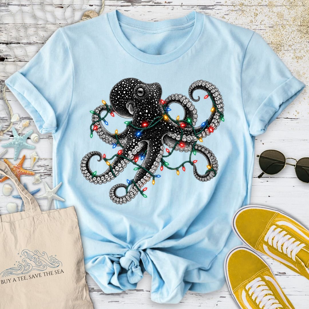 Christmas Lights Octopus T-Shirt in Light Blue - Dolce Reverie