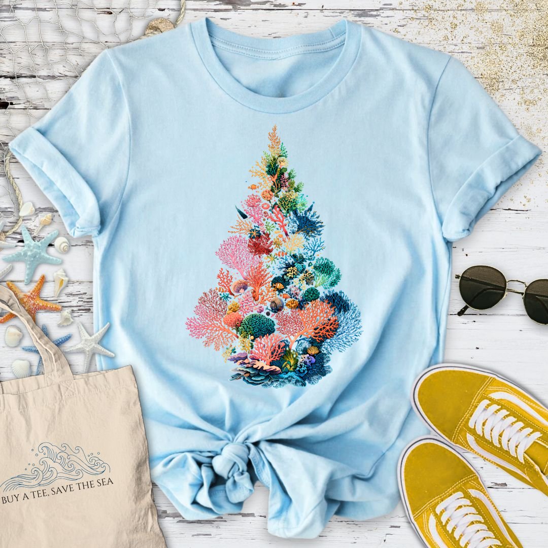 Coral Christmas Tree T-Shirt in Light Blue - Dolce Reverie