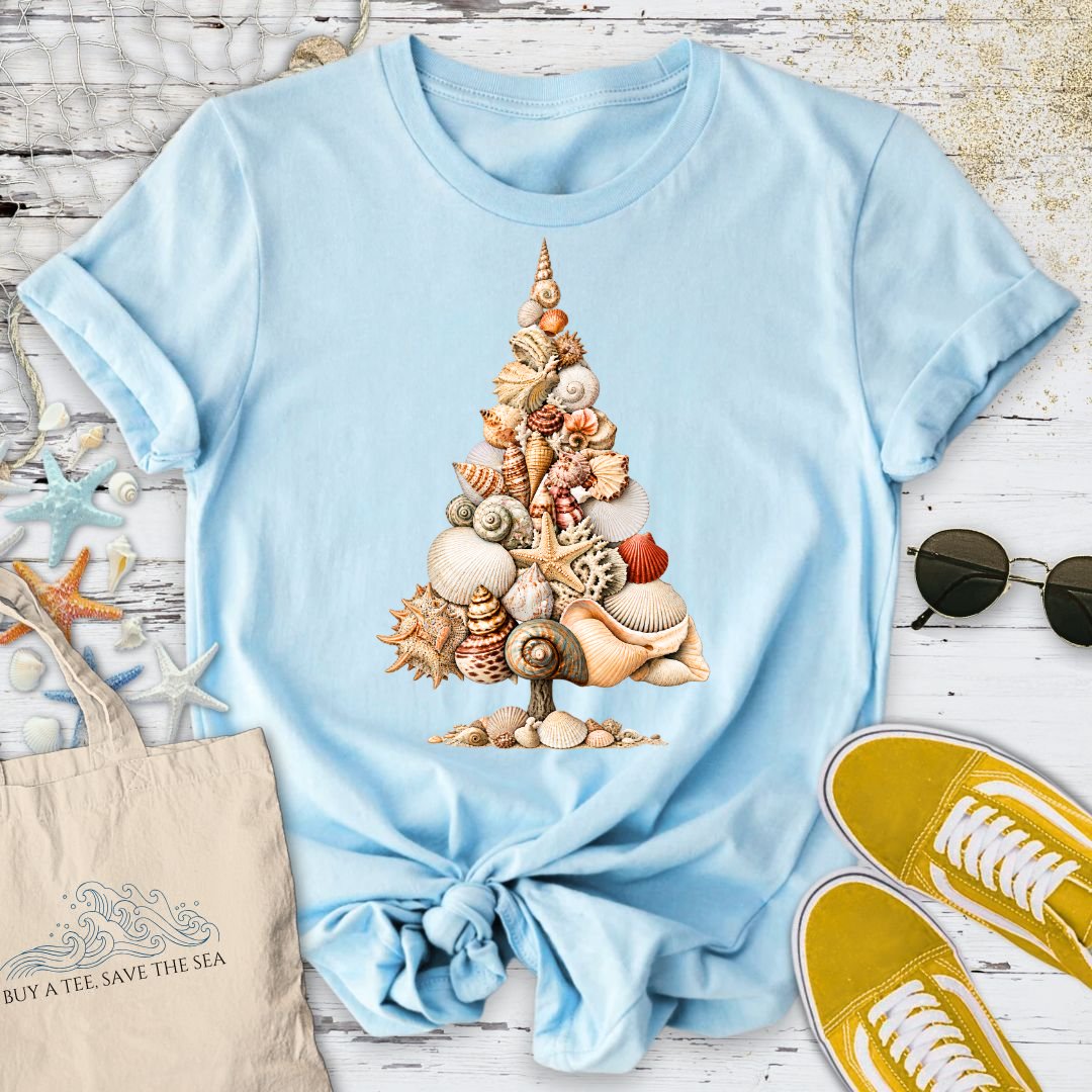 Seashell Holiday Tree T-Shirt in Light Blue - Dolce Reverie