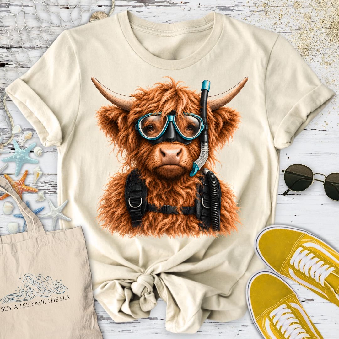 Scuba Diver Highland Cow T-Shirt in Natural - Dolce Reverie