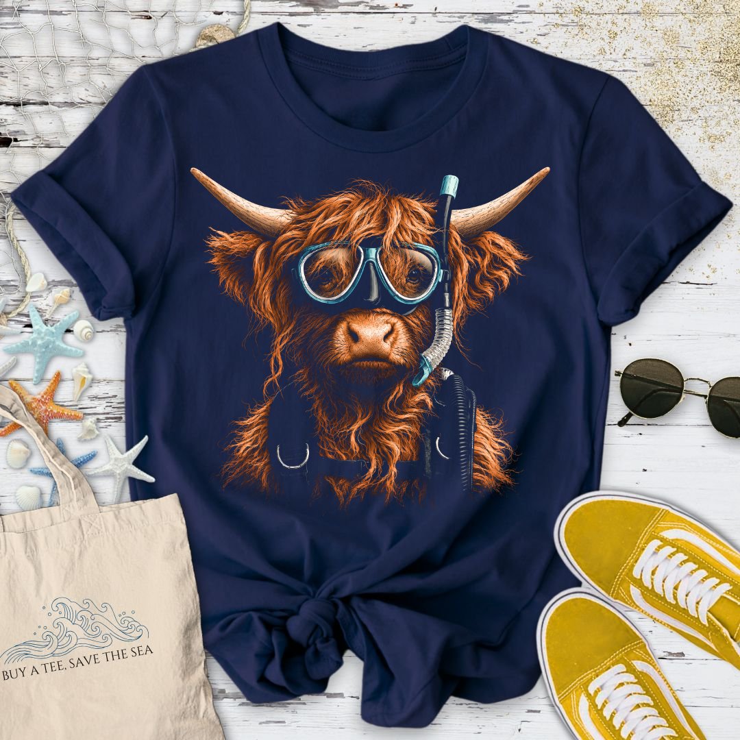 Scuba Diver Highland Cow T-Shirt in Navy - Dolce Reverie