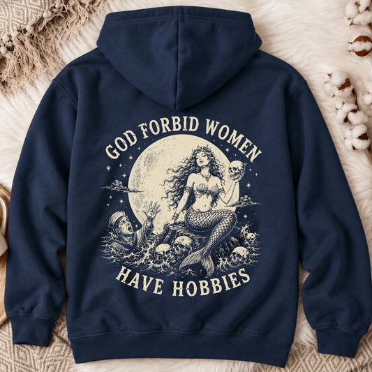 God Forbid Women Have Hobbies, Mermaid Back Print Hoodie in Navy - Dolce Reverie