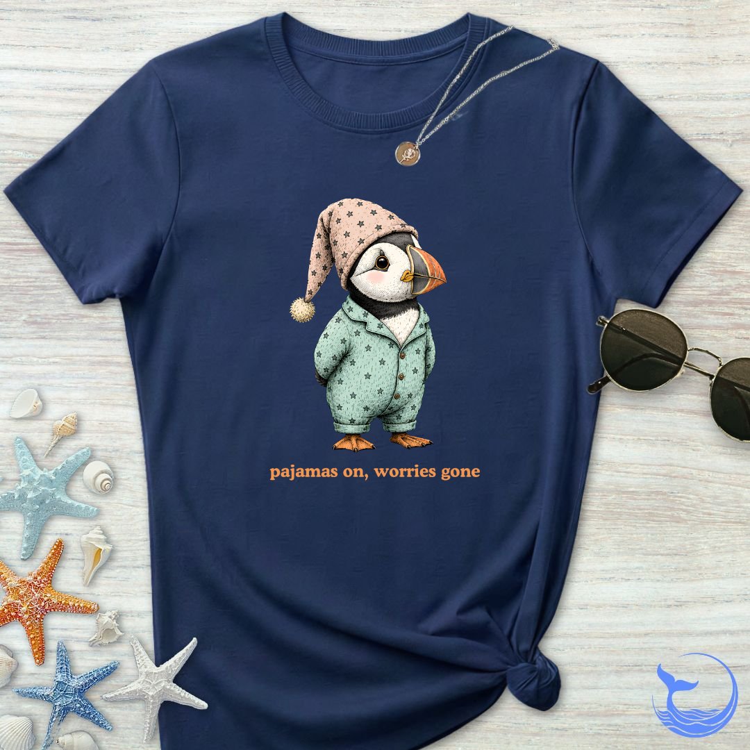 Pajamas On Worries Gone, Puffin Women's T-Shirt