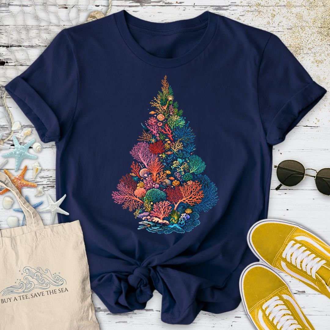 Coral Christmas Tree T-Shirt in Navy - Dolce Reverie