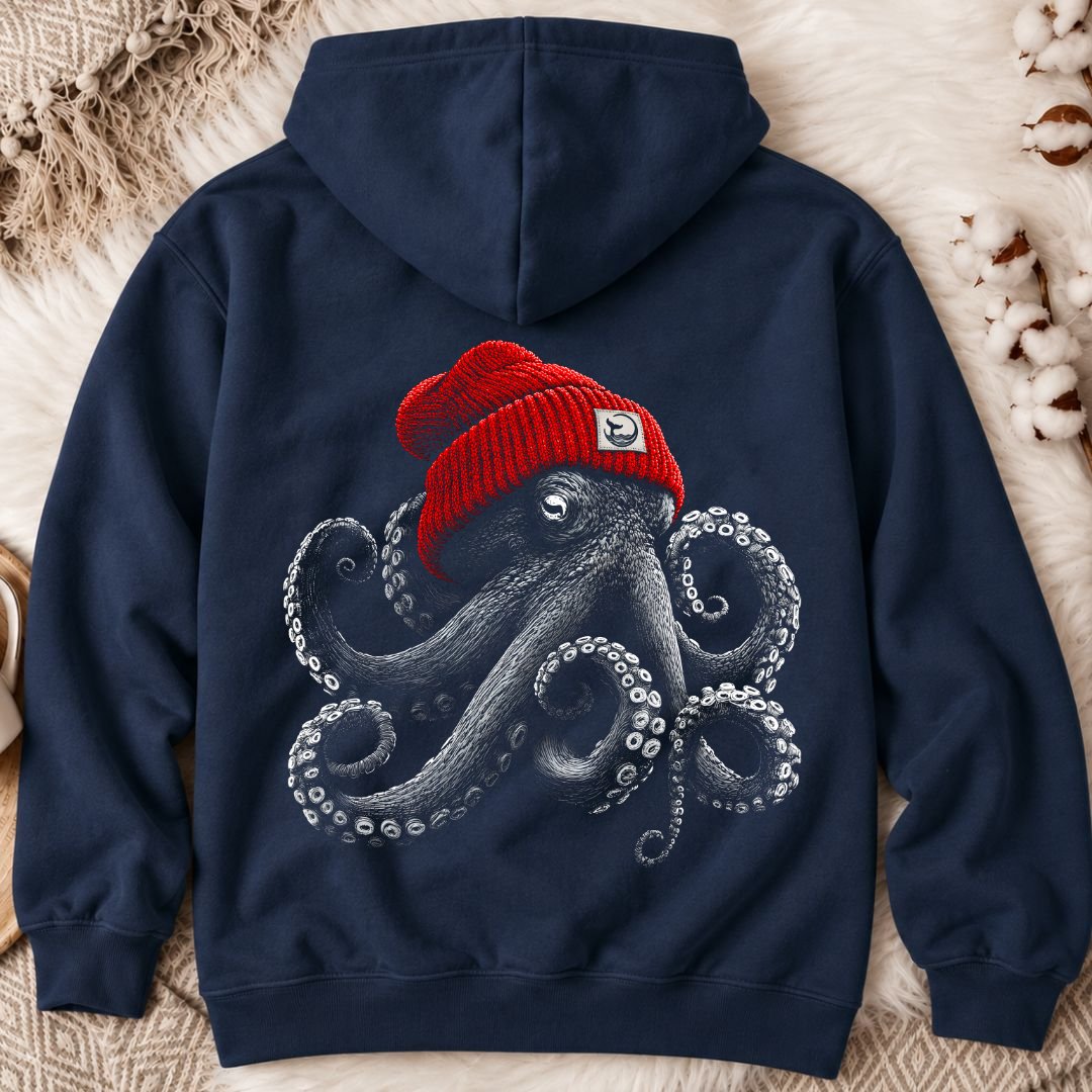 Red Beanie Octopus Back Print Hoodie