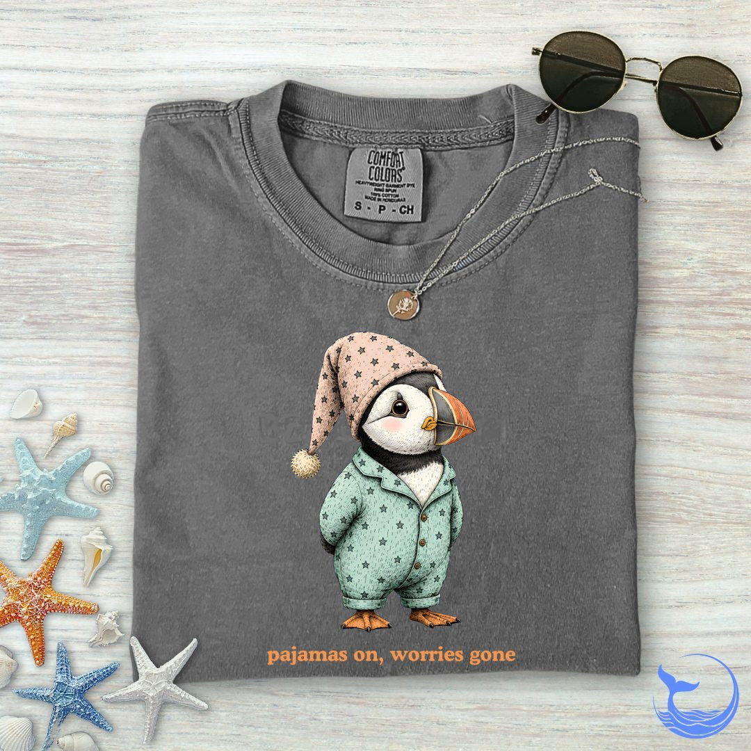 Pajamas On Worries Gone, Puffin Comfort Colors T-Shirt