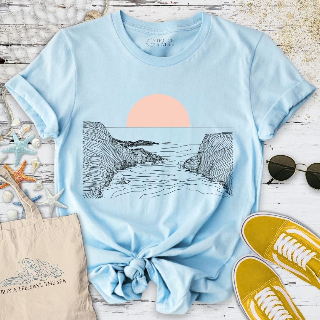 Pink Sunset Line Art T-Shirt Light Blue / S