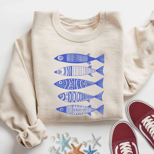 Blue Sardines Sweatshirt in Sand - Dolce Reverie