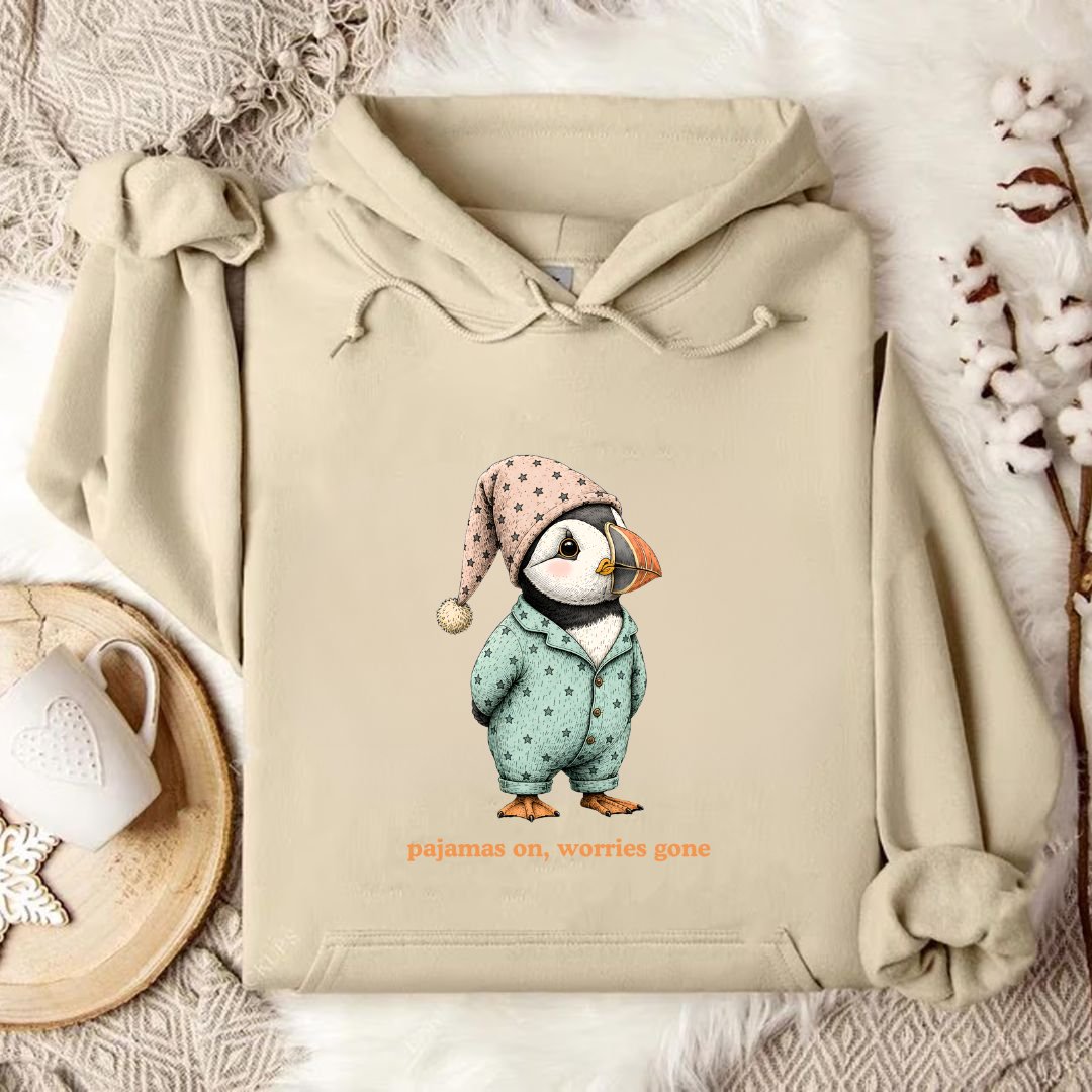 Pajamas On Worries Gone, Puffin Hoodie